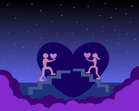 two figures exchanging hearts while ascending steps towards a large heart shape in a night sky
