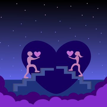 two figures exchanging hearts while ascending steps towards a large heart shape in a night sky two figures exchanging hearts while ascending steps towards a large heart shape in a night sky