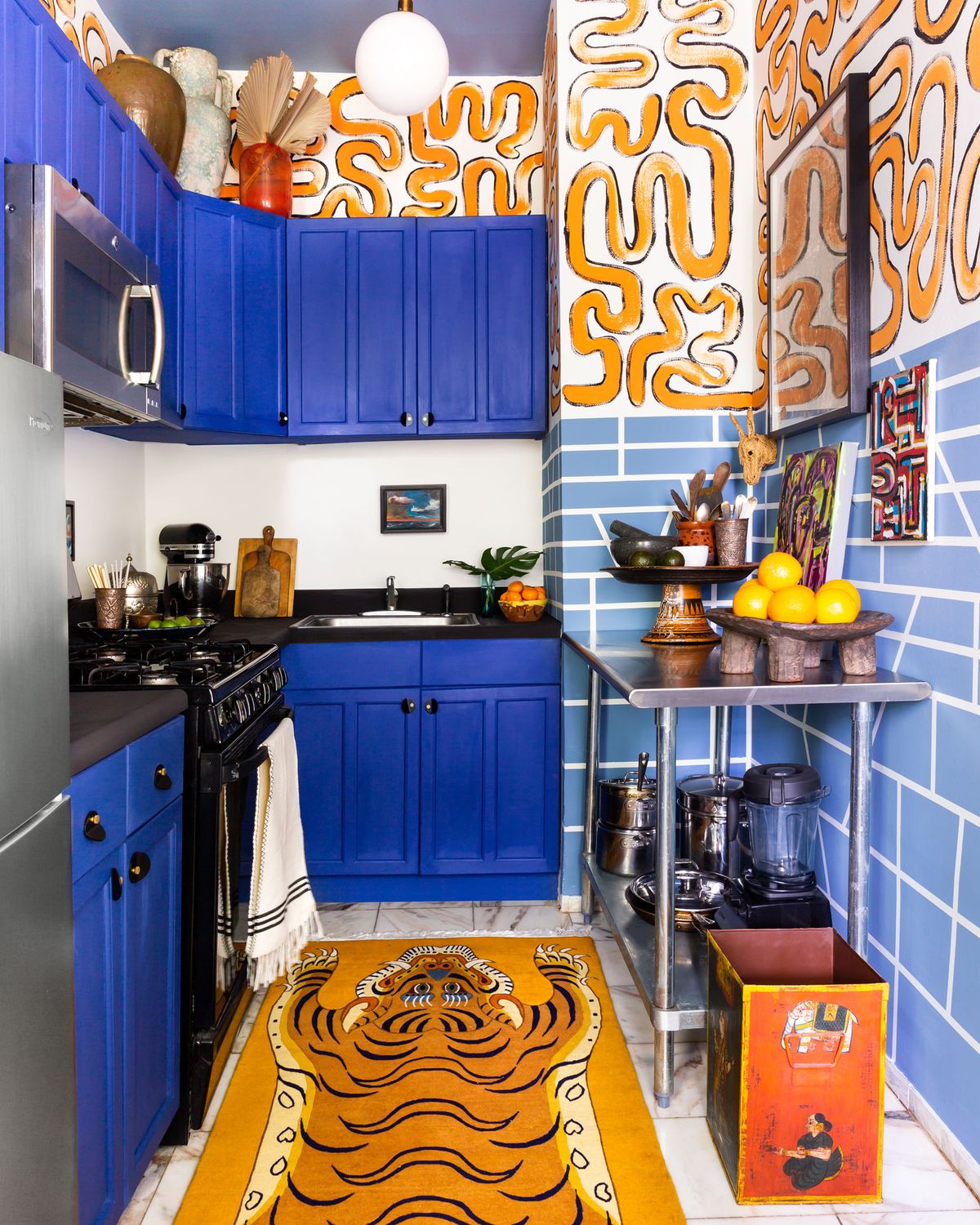 orange, room, kitchen, blue, yellow, furniture, cabinetry, countertop, interior design, building,