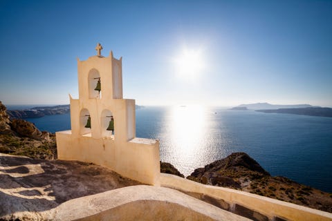 agios nikolaos chapel overlooking the caldera of santorini, greece