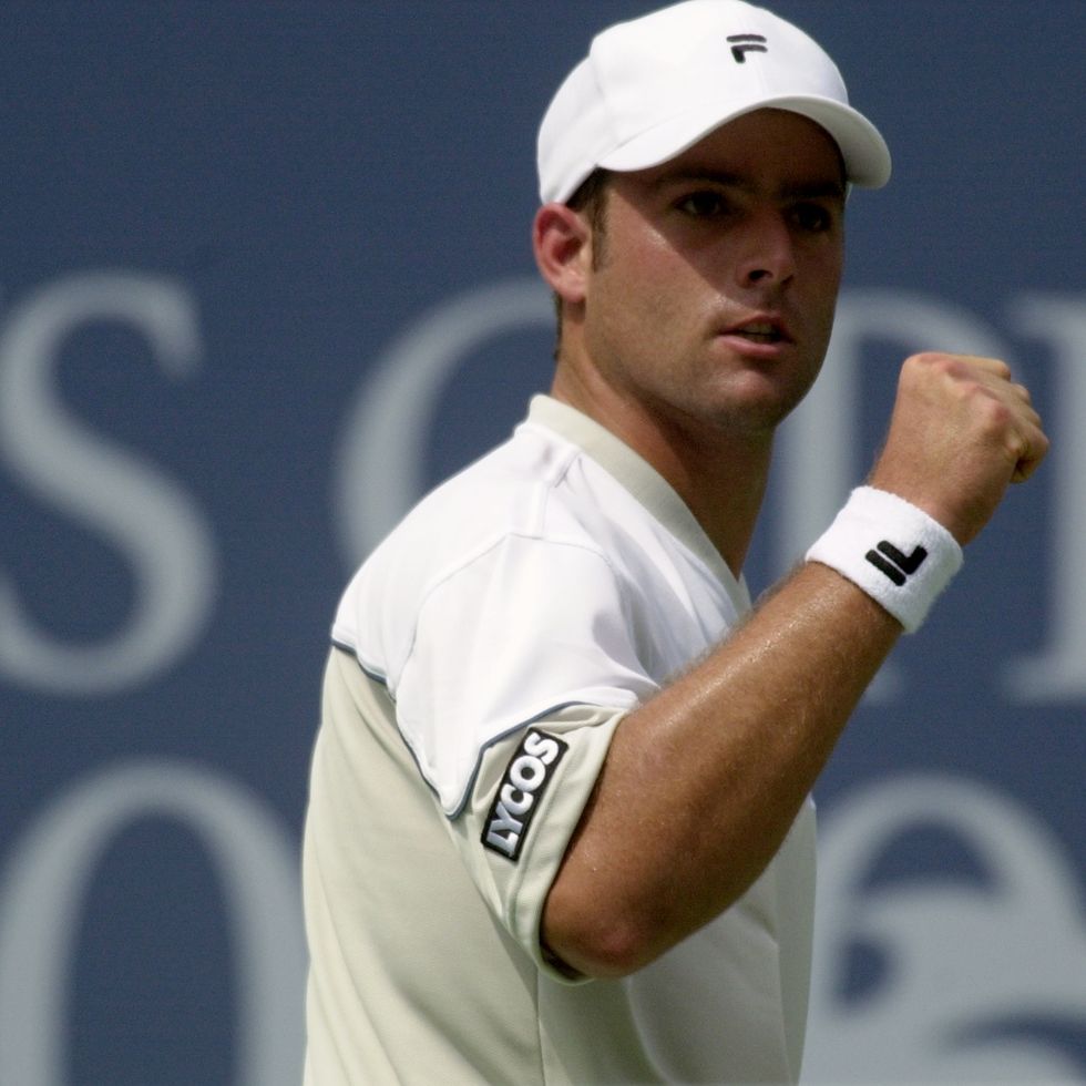 united states circa 2000: agustin calleri pumps his fist after scoring a point against pete sampras during their u.s. open match at arthur ashe stadium, in flushing meadows. sampras won, 7 6 (5), 7 6 (3), 6 3. (photo by howard earl simmons/ny daily news archive via getty images)