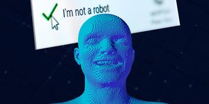 pixelated head laughing with captcha that says i'm not a robot