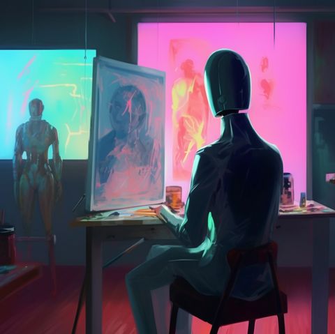 seated robot artist painting on digital screen