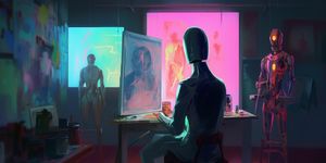 seated robot artist painting on digital screen