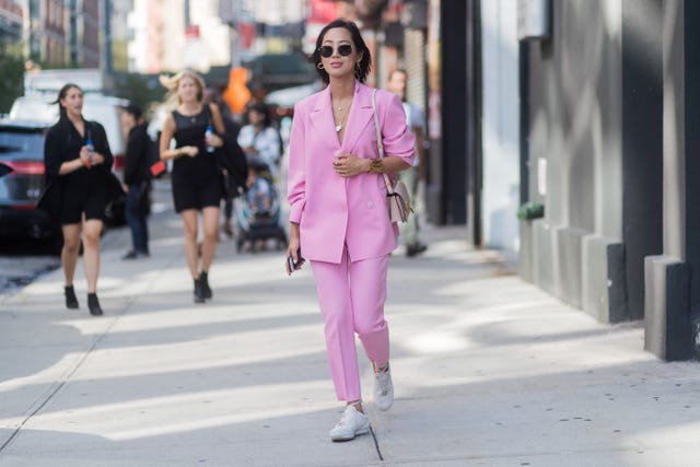 M S pink trouser suit is the perfect piece for now