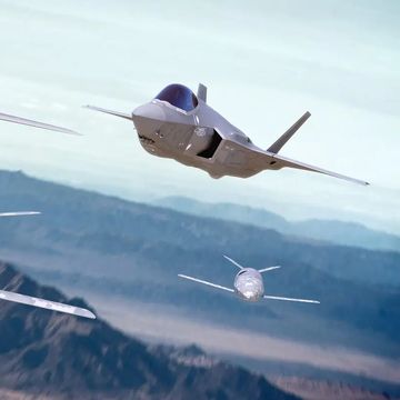 concept art of f35 fighter jet flying alongside drones
