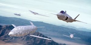 concept art of f35 fighter jet flying alongside drones