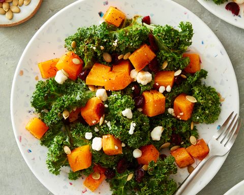 air fryer roasted butternut squash and kale salad with balsamic maple dressing