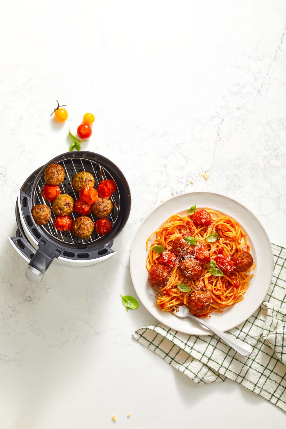 air fryer meatballs served with spaghetti