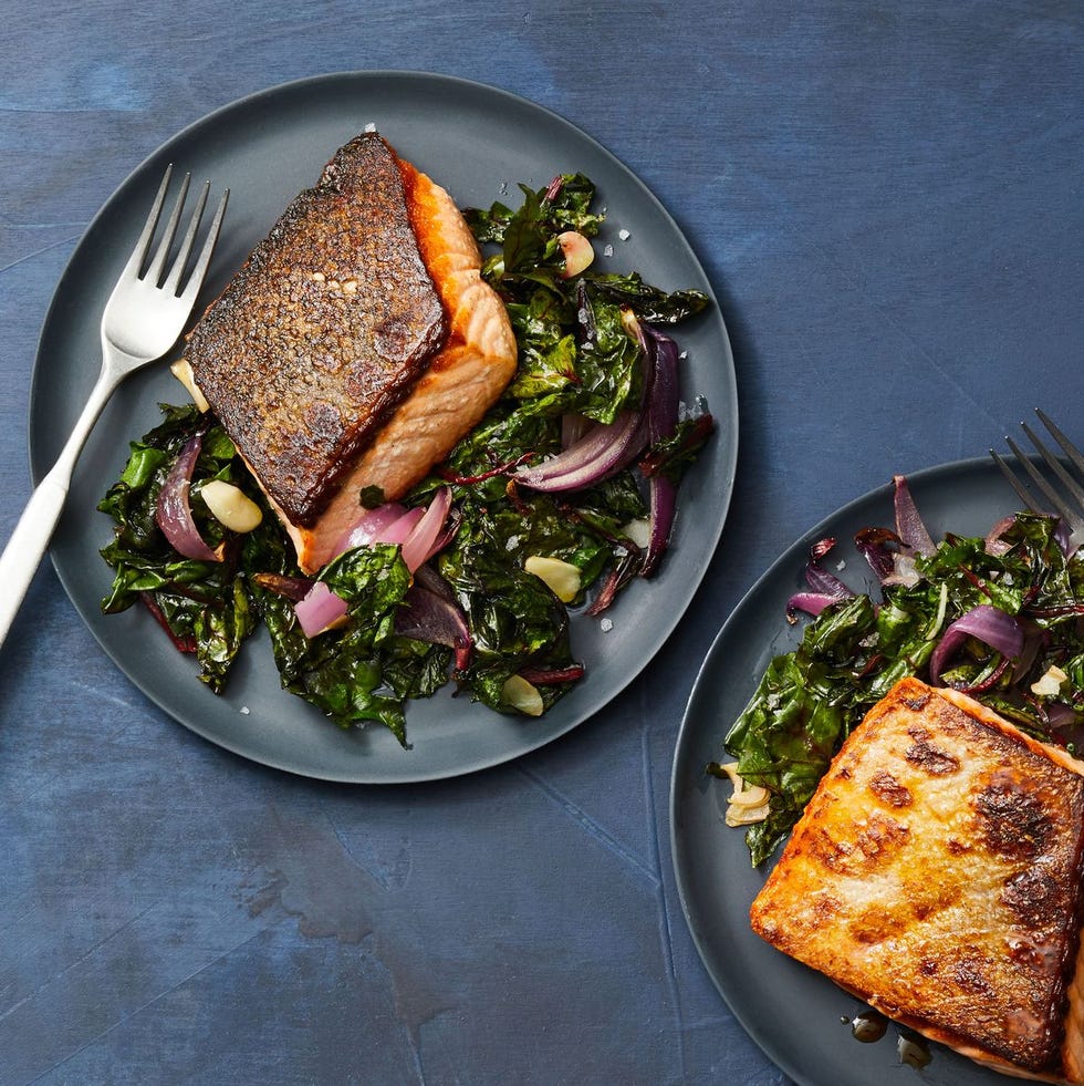 salmon and swiss chard on a plate