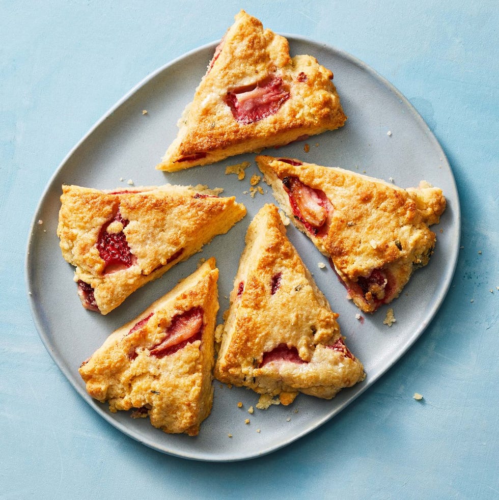 strawberry thyme mini scones on a blue plate