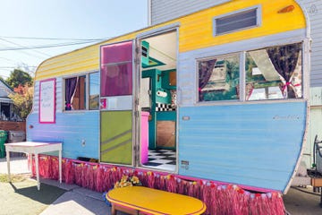 Pink, House, Building, Architecture, Facade, Room, Vehicle, Interior design, Furniture, Home, 