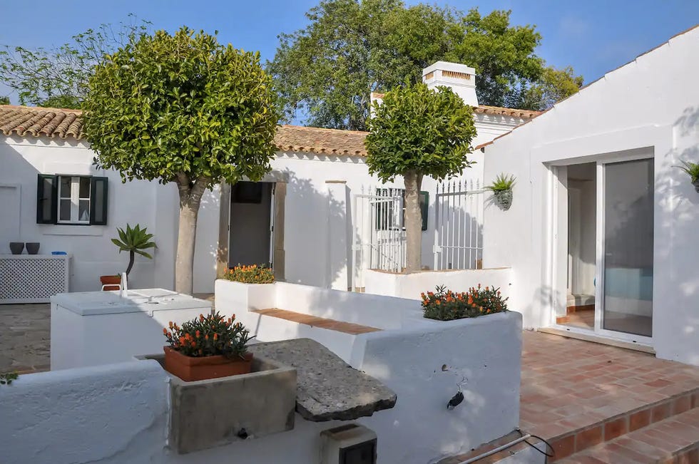 a house with a stone patio