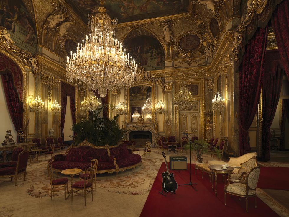 Building, Room, Lighting, Furniture, Interior design, Chair, Ballroom, Architecture, Palace, Chandelier, 