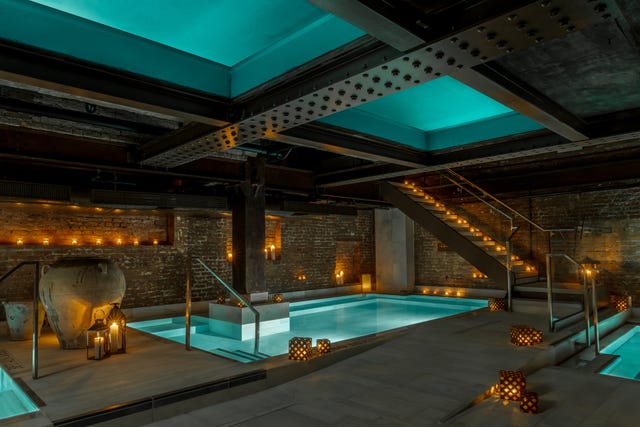 indoor spa area with pools and unique decor elements