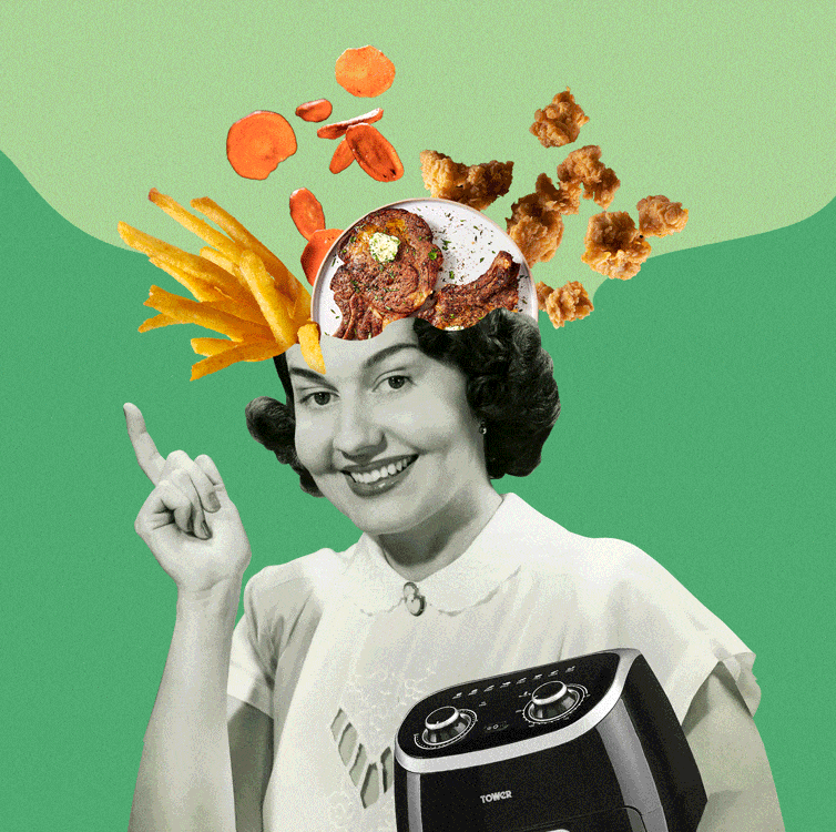 woman with air fryer foods coming out of her head