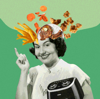 woman with air fryer foods coming out of her head
