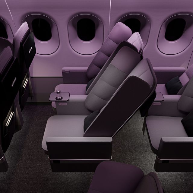 Purple, Design, Automotive design, Room, Airline, Furniture, Vehicle, Airplane, 