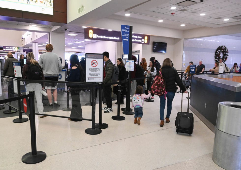 colonie, new york november 25: travelers wait in line to go through transportation security administration (tsa) security checkpoint at the albany international airport on monday, nov. 25, 2024 in colonie, n.y. this thanksgiving holiday travel is expected to be very busy. (lori van buren/albany times union via getty images)