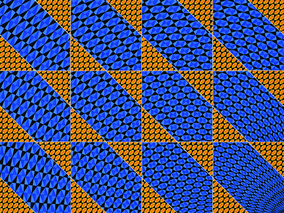 Blue, Cobalt blue, Orange, Pattern, Line, Electric blue, Mesh, Symmetry, 