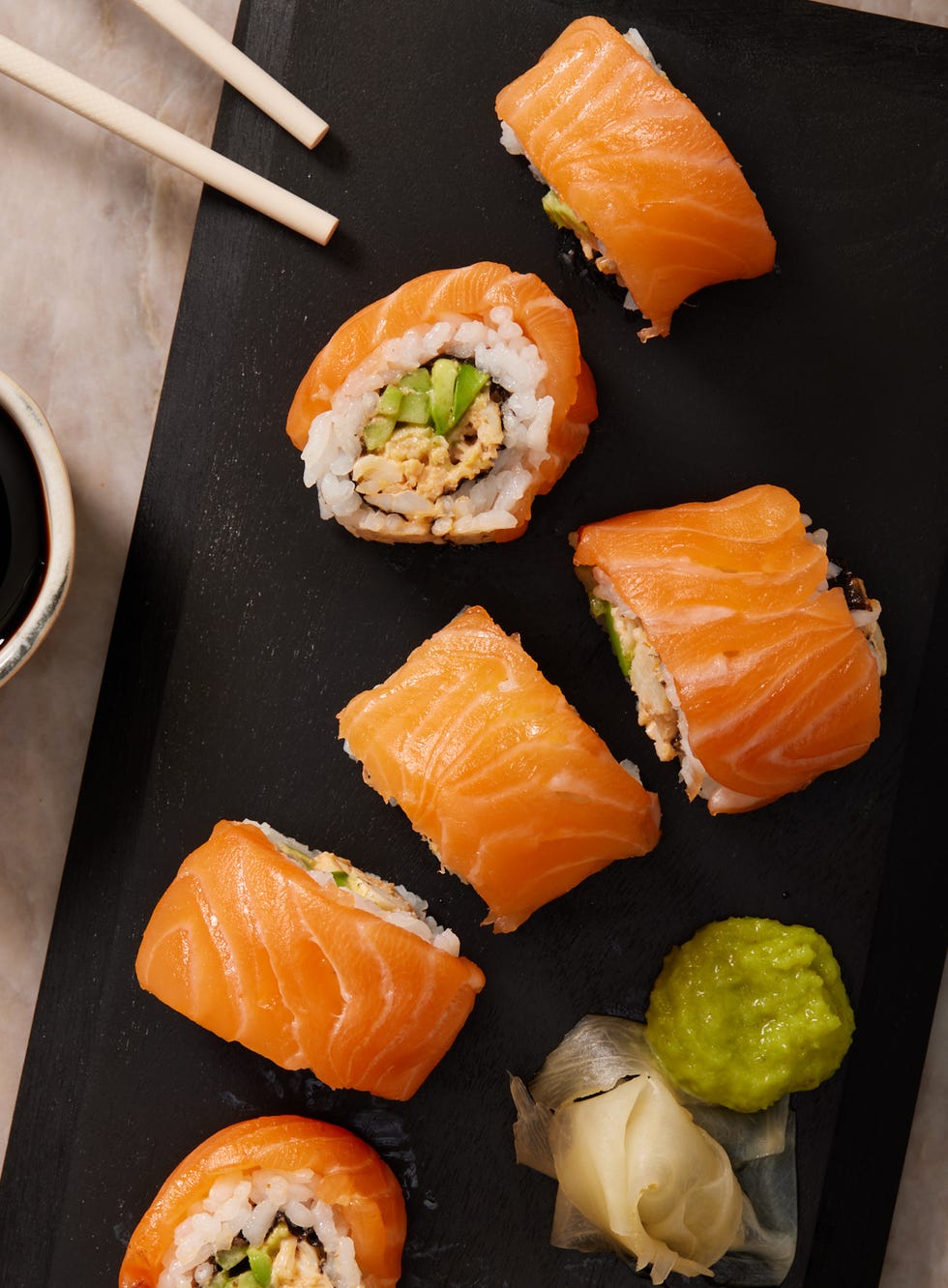 alaska rolls with crab, salmon, avocado and cucumber