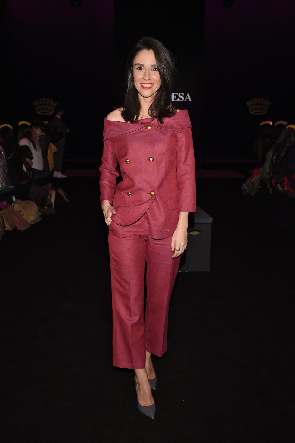 Clothing, Fashion, Pink, Fashion model, Fashion show, Pantsuit, Fashion design, Runway, Magenta, Suit, 