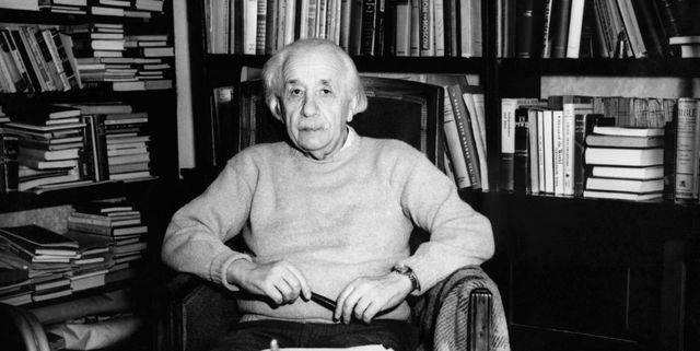 Albert Einstein Seated in Front of Bookcase