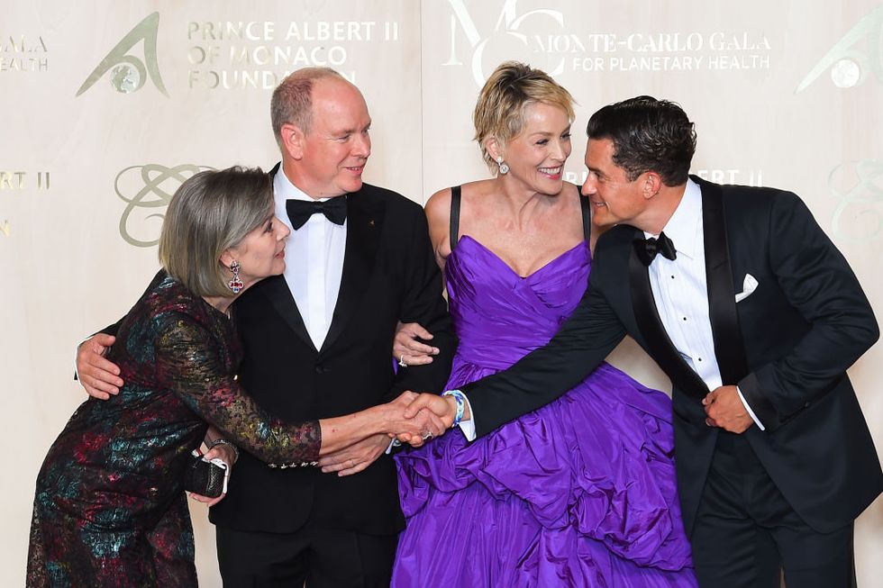 monte carlo, monaco   september 23 editors note  no tabloids princess caroline of hanover, prince albert ii of monaco, sharon stone and orlando bloom attend the photocall during the 5th monte carlo gala for planetary health on september 23, 2021 in monte carlo, monaco photo by stephane cardinale   corbiscorbis via getty images