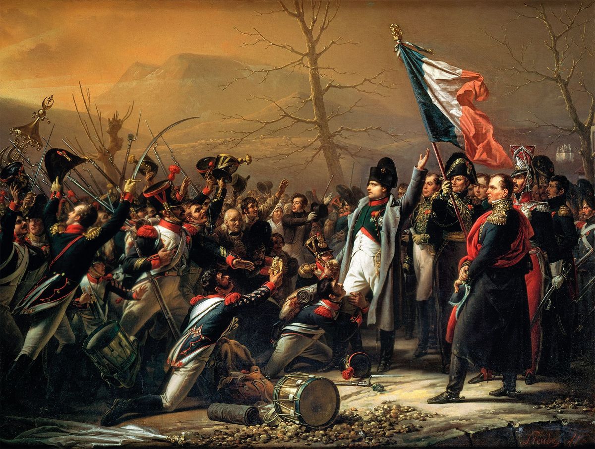 Dit doek in 1818 geschilderd door Carl von Steuben toont de aankomst van Napoleon en zijn troepen in GolfeJuan vlak bij Antibes op 1 maart 1815
