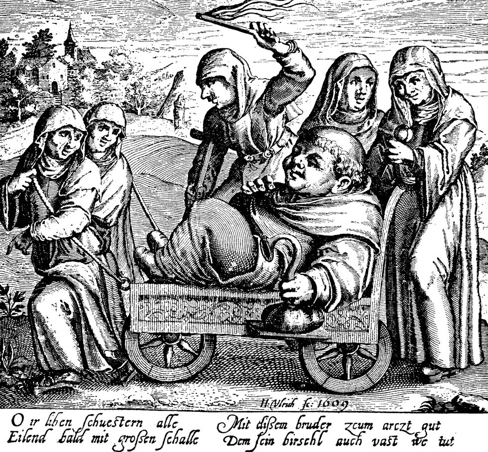 Monniken in een protestante Duitse karikatuur gravure uit 1609