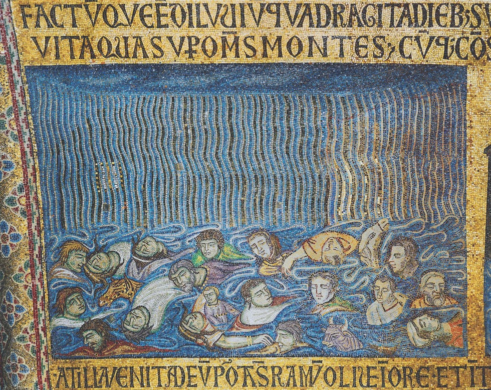 De hele mensheid lijkt ten prooi aan de verdrinkingsdood Illustratie bij het bijbelverhaal van de zondvloed Mozaek in de San Marco Veneti