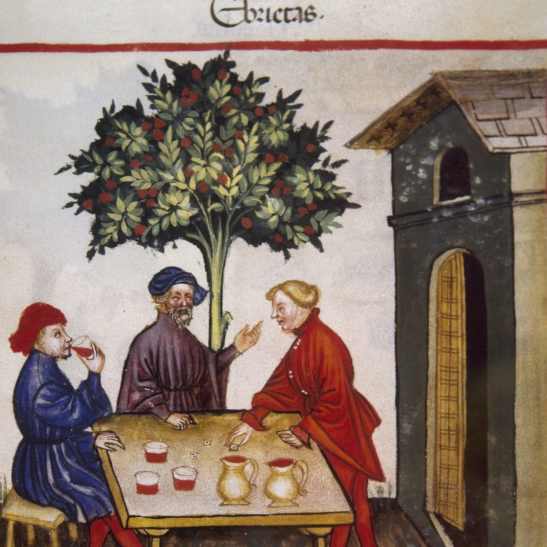 drie middeleeuwers drinken wijn