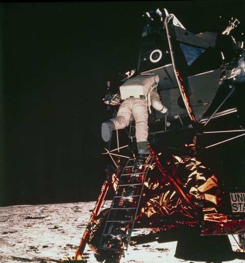 Apollo 11 astronaut Edwin �Buzz� Aldrin descending to the lunar surface, 1969.