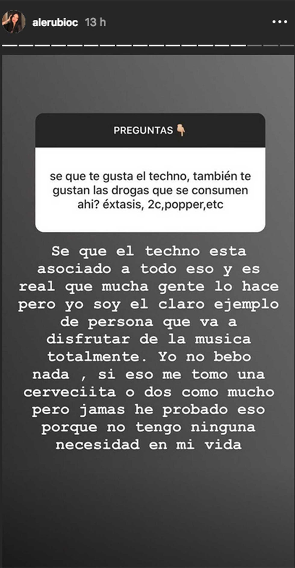 Alejandra Rubio aclara en Instagram si bebe o ha tomado drogas