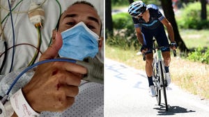 el ciclista alejandro valverde en una imagen después de ser atropellado y en otra en competición