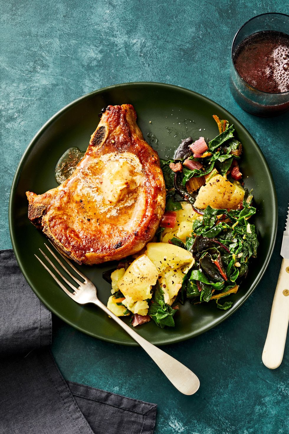 pork chops with potatoes and greens