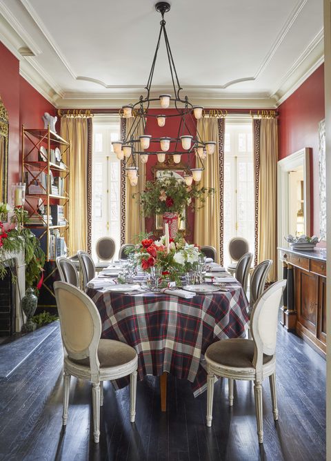 plaid draped holiday table flourishes in the company of glazed dining room walls