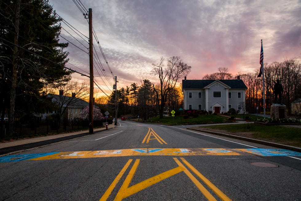an empty street on marathon monday, patriots day on april 20, 2020 in boston, massachusetts