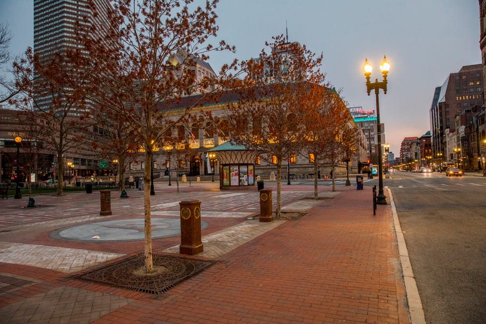 an empty street on marathon monday, patriots day on april 20, 2020 in boston, massachusetts