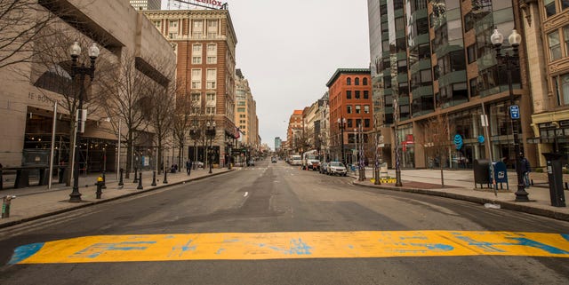 An empty street on Marathon Monday, Patriots Day on April 20, 2020 in Boston, Massachusetts. an empty street on marathon monday, patriots day on april 20, 2020 in boston, massachusetts