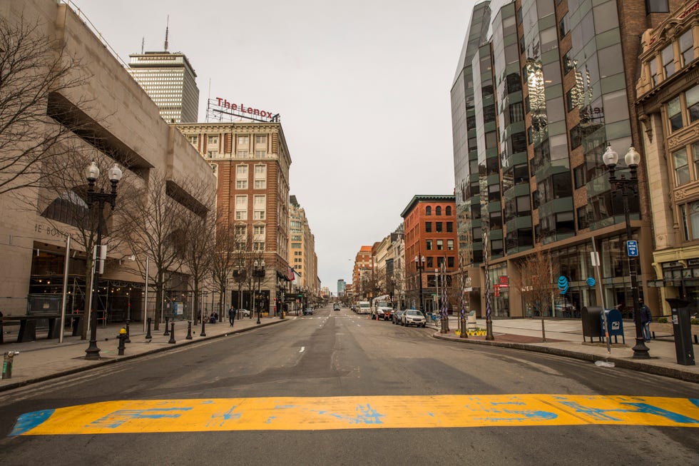 an empty street on marathon monday, patriots day on april 20, 2020 in boston, massachusetts