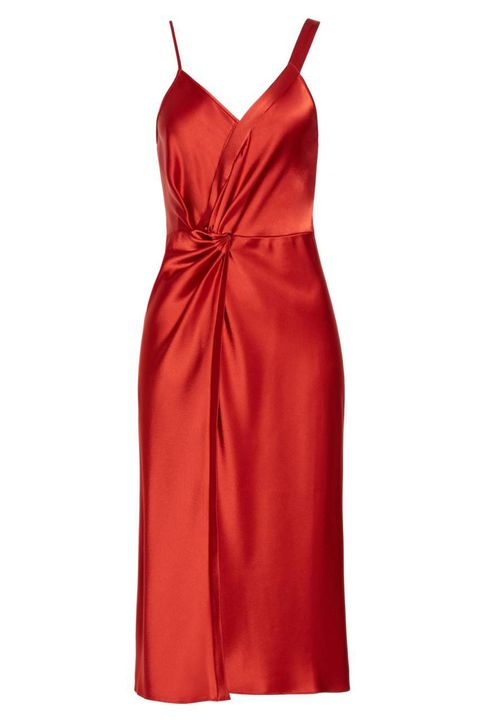 Clothing, Dress, Day dress, Red, Cocktail dress, Satin, Orange, Formal wear, Textile, Gown, 