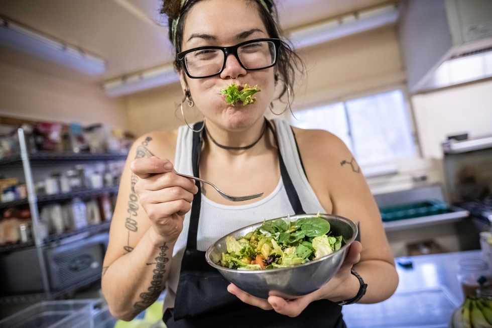 Alexandera Houchin enjoys her lunch while working as a catering assistant at the Cloquet Forestry Center in Cloquet, MN, on Oct 22, 2019.
