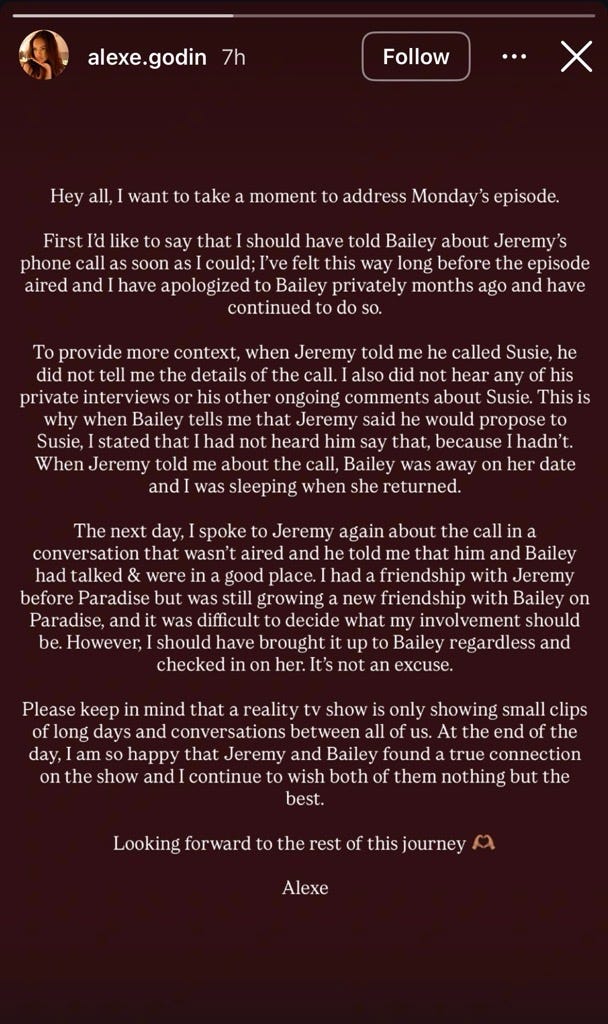 alexe godin instagram story on jeremy's phone call on bachelor in paradise