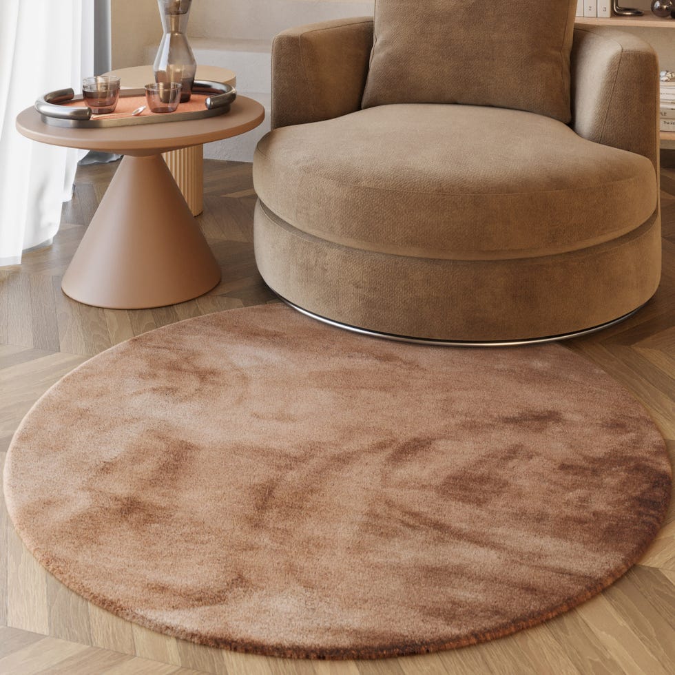 cozy living room setup with a round rug chair and side table