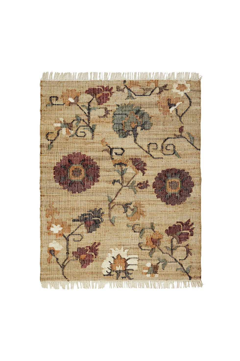 alfombra de yute con fondo natural y flores de colores