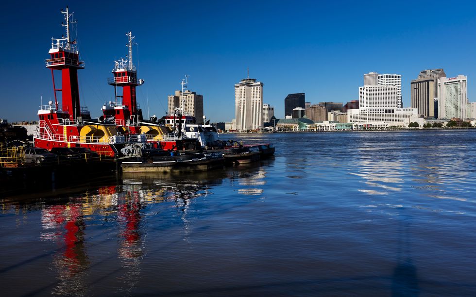 algiers point harbor faces new orleans skyline in morning light, louisiana