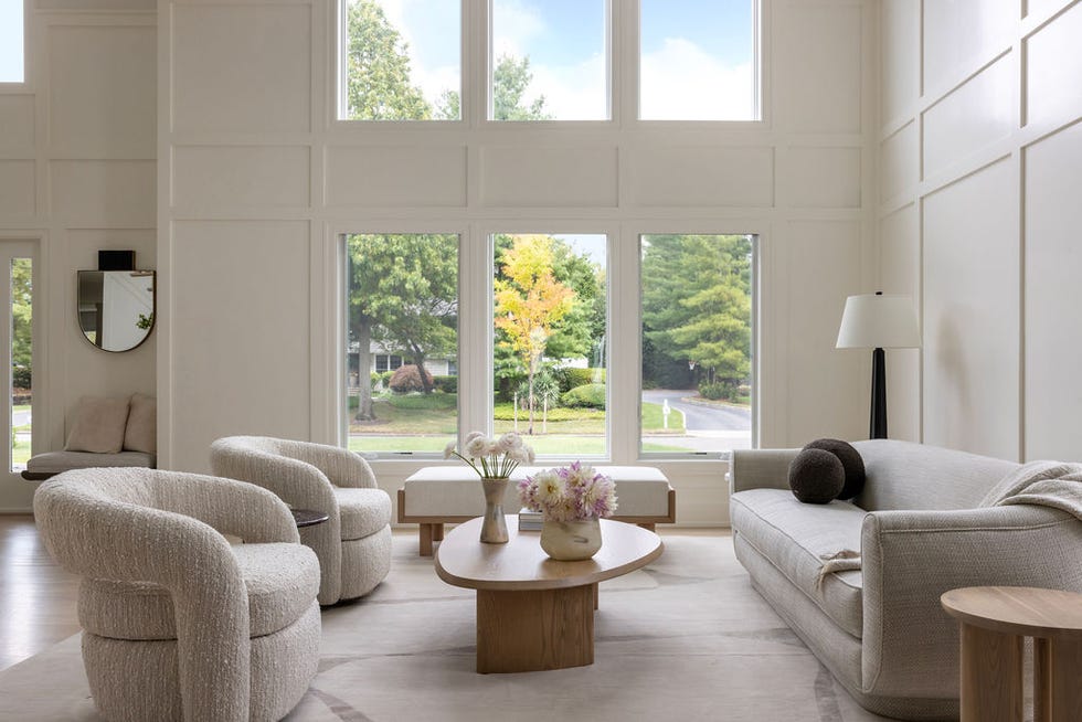 modern living room with large windows and contemporary furniture