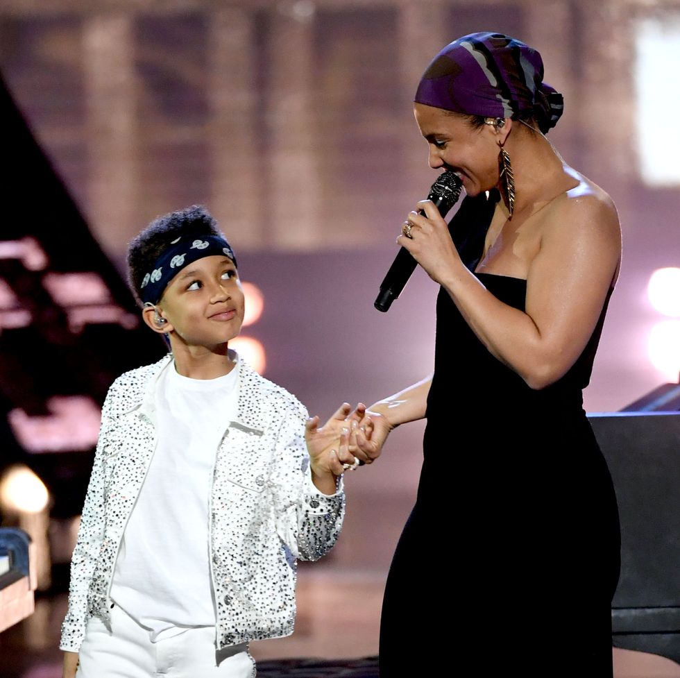 los angeles, california   march 14 editorial use only no commercial use  alicia keys and her son egypt daoud dean perform onstage at the 2019 iheartradio music awards which broadcasted live on fox at microsoft theater on march 14, 2019 in los angeles, california photo by kevin wintergetty images for iheartmedia