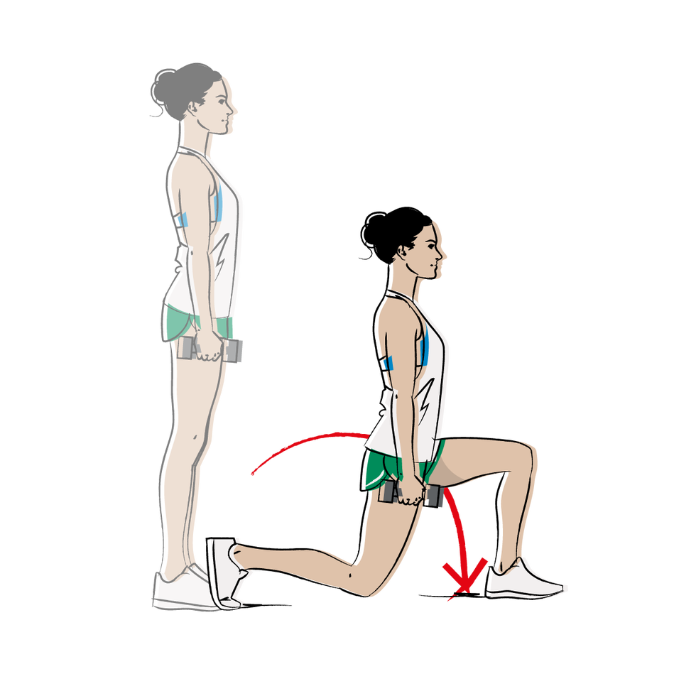 illustration of a female working out in the gym, demonstrating lunge with weights